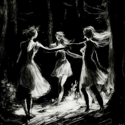 pencil sketch, girls dancing dodole and holding hands in dark forest, black and white