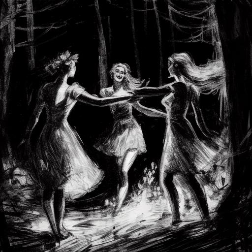 pencil sketch, girls dancing dodole and holding hands in dark forest, black and white