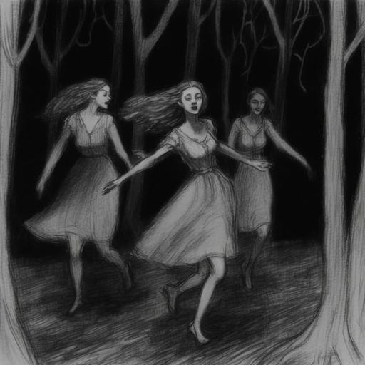 pencil sketch, girls dancing dodole in dark forest, very scary, black and white