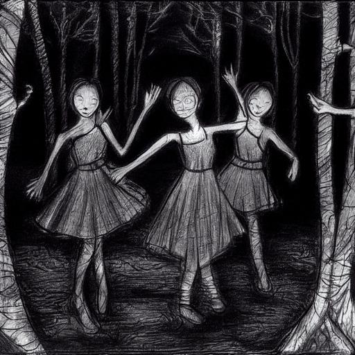 pencil sketch, girls dancing dodole in dark forest, very scary, black and white --test --creative