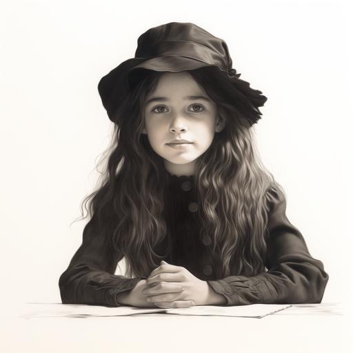pencil sketch of a 8 yr old girl with long brown hair and hazel eyes. she has a wool blue dress and a hat. 1908. she has gloves and she has a smart look. white background. she is sitting in a church.