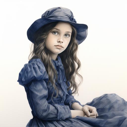 pencil sketch of a 8 yr old girl with long brown hair and hazel eyes. she has a wool blue dress and a hat. 1908. she has gloves and she has a smart look. white background. she is sitting in a church.