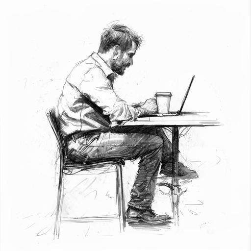 pencil sketch on white background of contented man sat upright at a high table reading on his laptop while drinking a coffee