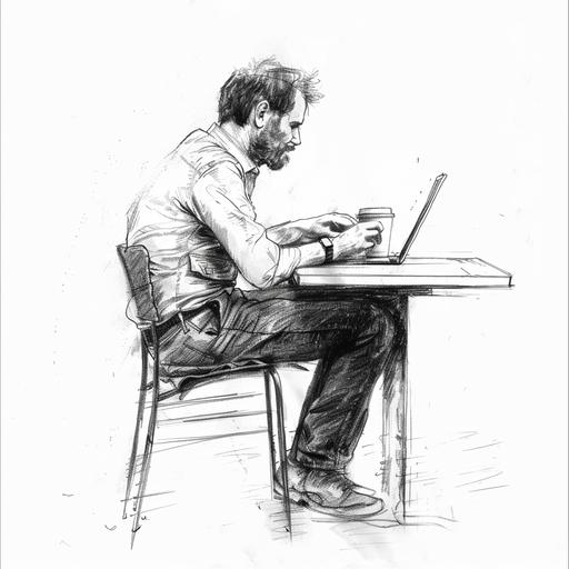 pencil sketch on white background of contented man sat upright at a high table reading on his laptop while drinking a coffee