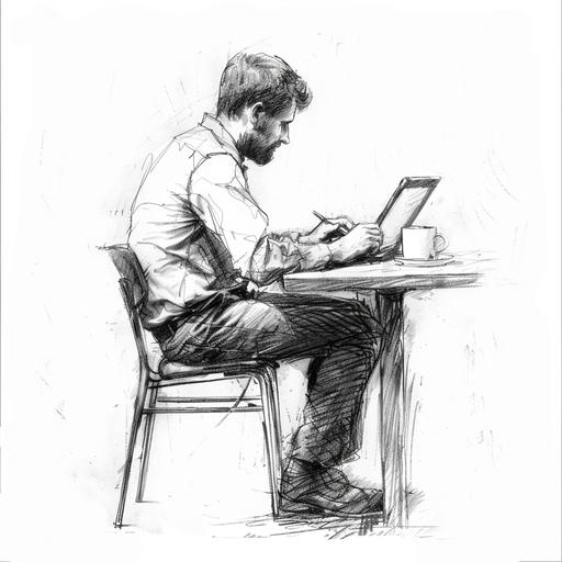 pencil sketch on white background of contented man sat upright at a high table reading on his laptop while drinking a coffee --v 6.0