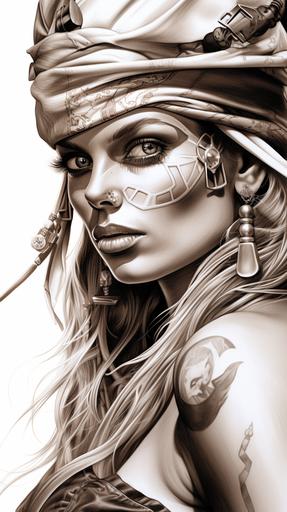pencil sketch portrait of a beautiful female nightmarish pirate with bandana on deck at the wheel of her ship, realistic yet ethereal, surreal, dreamlike, realistic hyper-detailed portrait, fantasy, hyper-realistic oil, soft lines and shapes, haze, 3/4 profile, --ar 9:16 --style 4i9IkOeqK0rN-4eeJjeso2iMk-4cGOnHDWE08Y --v 5.2