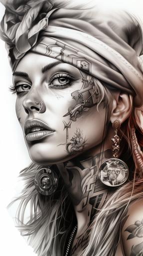 pencil sketch portrait of a nightmarish beautiful expressive female pirate with a bandana on deck at the wheel of her ship, realistic yet ethereal, surreal, dreamlike, realistic hyper-detailed portrait, fantasy, hyper-realistic oil, soft lines and shapes, haze, 3/4 profile, --ar 9:16 --style 4i9IkOeqK0rN-4eeJjeso2iMk-4cGOnHDWE08Y --v 5.2