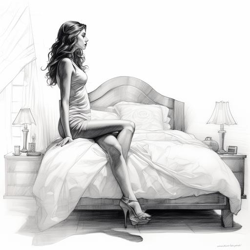 pencil sketch, woman on bed, artwork, highheels, hand drawn animation idea, black and white