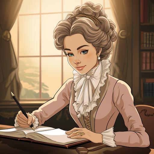 penelope featherington in bridgerton look alike writing gossip in cartoon theme