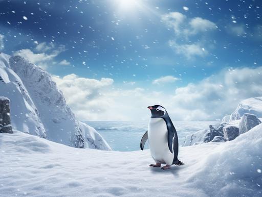 penguin walking in the snow, day time, realistic, children's story. --ar 4:3