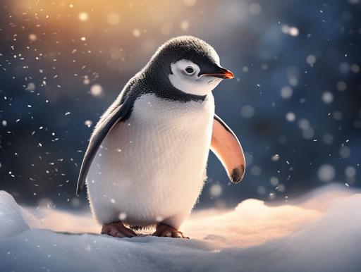 penguin walking in the snow, realistic, children's story. --ar 4:3