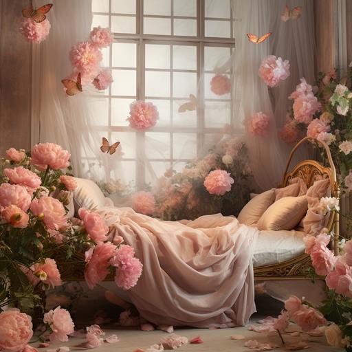 peony flowers, growing in a bedroom, with a romantic style bed, butterflies flying, vintage