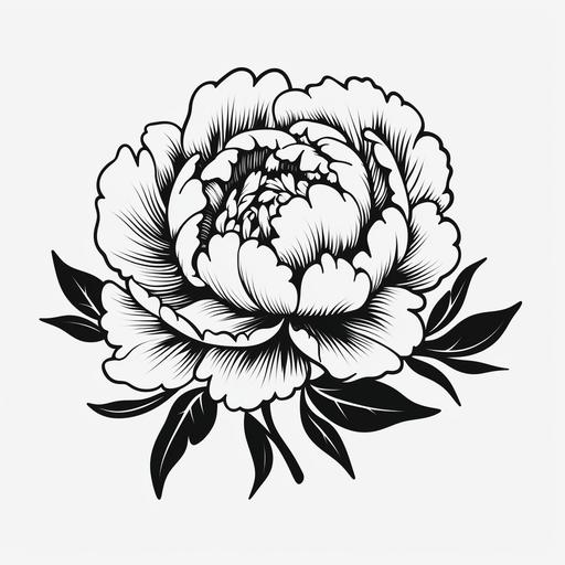 peony traditional flower tattoo template, black and white with 15cm approx