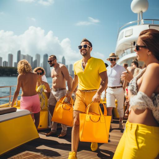 people holding a yellow tote bag on a yacht in Miami