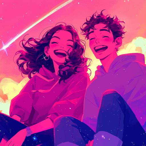 people laughing, pink colors, happy, stars, universe, galaxy, super realistic people, guys and girls --niji 6