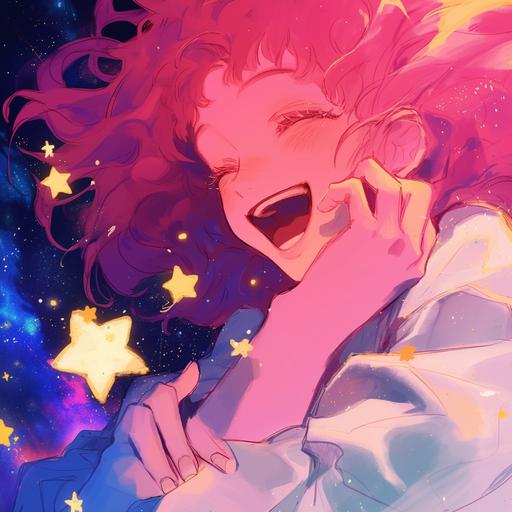 people laughing, pink colors, happy, stars, universe, galaxy --niji 6