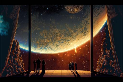 people standing in front of a large window with velvet curtains pulled back, and a view of the earth, moon, and red gold stars in the distance by Eddie Jones, mike mignola:: space-station observation-lounge high-tech advanced science-fiction information displays, intricately embroidered draping curtain, mike mignola --ar 3:2 --v 4 --no mountains --version 4