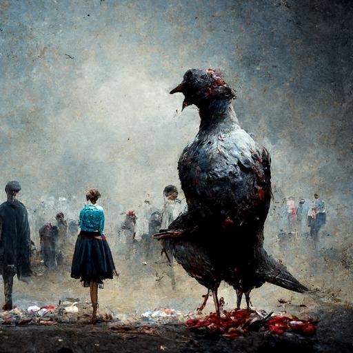 people standing on dead pigeon eating chicken