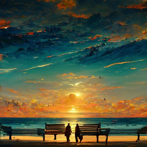 people walking in the beach , sunset , benches on the backround, 8k , ultra realistic , highly detailed