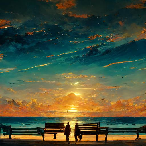 people walking in the beach , sunset , benches on the backround, 8k , ultra realistic , highly detailed