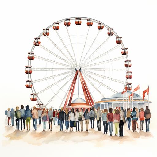 people wating in a very long line for a ferris wheel cartoon white background