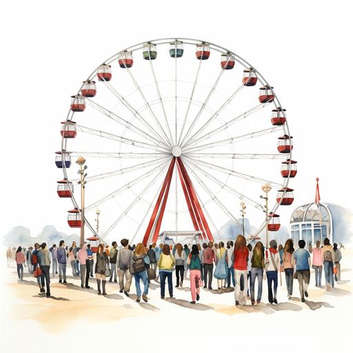 people wating in a very long line for a ferris wheel cartoon white background