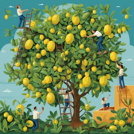 people working up in a lemon tree making lemonade cartoon