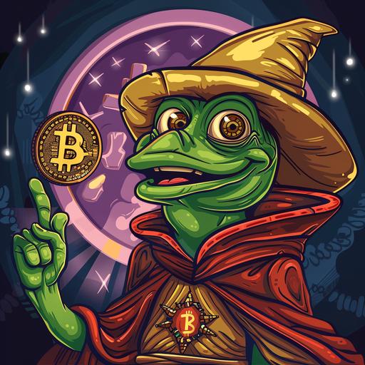 pepe character really happy holding one Bitcoin he stole from the bank, cartoon