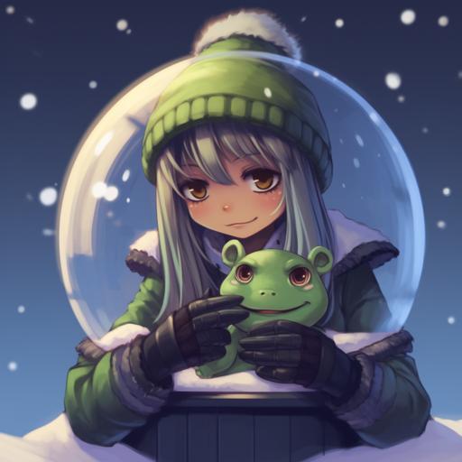 pepe frog holding a snow globe, anime girl in the snow globe