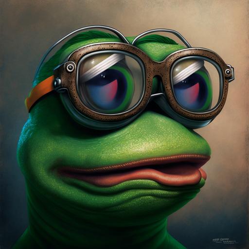 pepe the frog, cartoon face, side face, jawline, goggle --q 2 --v 4