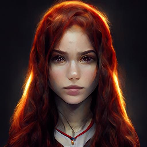 perfect beautiful female, girl, powerful mage with long red hair, magnetic grey eyes, pure, chaotic, delicate but fierce, portrait, lineart, realistic, 8k