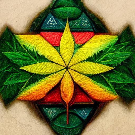 perfect sacred geometry, anunaki temple, reggae colors, ultra realistic, weed leaf, guitar