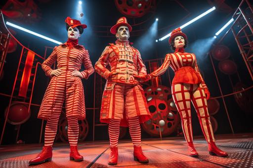 performers in circuit-themed costumes, deranged circus backdrop --ar 3:2
