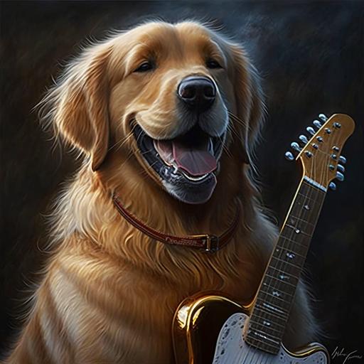 perra golden retriever tocando guitarra electrica