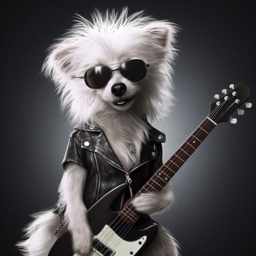 perro, blanco, Pomerania, rockstar, foto realista, rock and roll, punk rock, heavy metal,