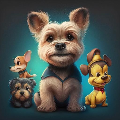 perro yorkshire mini con personajes de disney con fondo colores