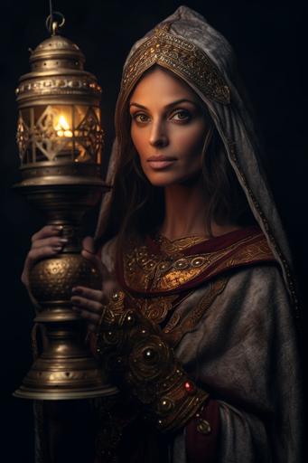 persian queen Esther, aged 40, holding a medieval lantern in front of her face, cinematic photo, ultra realistic, high detailed --no six fingers --ar 2:3