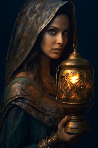 persian queen Esther, aged 40, holding a medieval lantern under her face, cinematic photo, ultra realistic, high detailed --no six fingers --ar 2:3