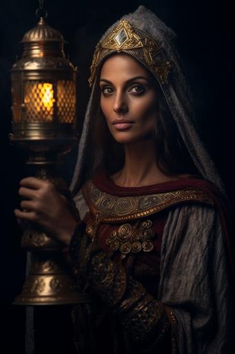 persian queen Esther, aged 40, holding a medieval lantern in front of her face, cinematic photo, ultra realistic, high detailed --no six fingers --ar 2:3
