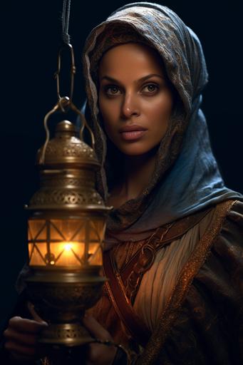 persian queen Esther, middle aged 2, holding a medieval lantern in front of her face 1, cinematic photo, ultra realistic, high detailed --no six fingers --ar 2:3