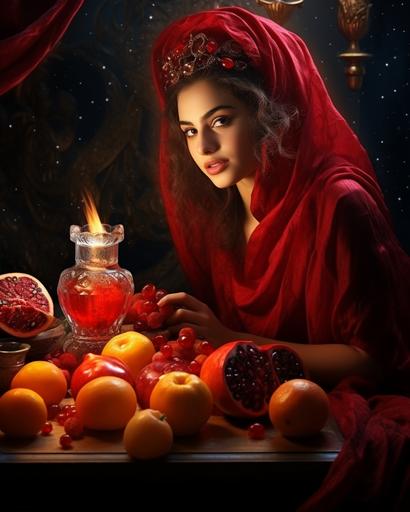 persian yalda night. girl with red hat. music. persian food. pomogranate. magical atmosphere. rays of light. --ar 1080:1350