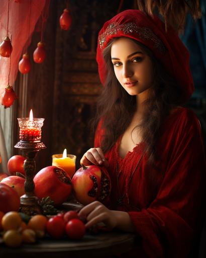 persian yalda night. girl with red hat. music. persian food. pomogranate. magical atmosphere. rays of light. --ar 1080:1350