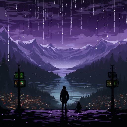 person from behind, listening to music, in a portal to infinity, high quality pixel art, imaginative, illustrative, dark, high contrast, vibrant, black and purple colors --c 100 --s 1000 --w 100