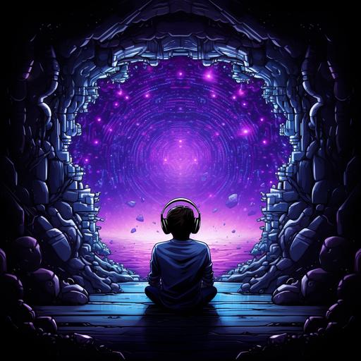 person from behind, listening to music, in a portal to infinity, high quality pixel art, imaginative, illustrative, dark, high contrast, black and purple colors