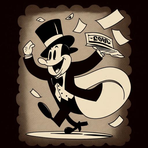 person-money using a top hat, 1940s Disney cartoon style black-white flat