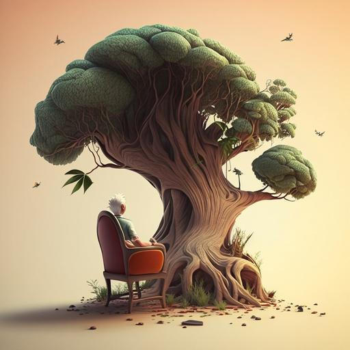 person sitting in psychologist chair, big arocarya tree on it, psychologist, therapy, pixar style, high quality