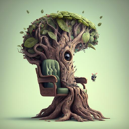 person sitting in psychologist chair, big arocarya tree on it, psychologist, therapy, pixar style