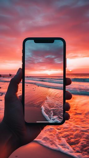 person takes a picture of sunset with cell phone, in the style of y2k aesthetic, beach portraits, i can't believe how beautiful this is, prudence heward, detailed skies, studyblr, photo-realistic techniques --ar 14:25