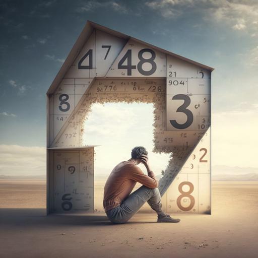 person thinking about numbers, construction environment, new house space, hyper realistic, golden ratio photography style.
