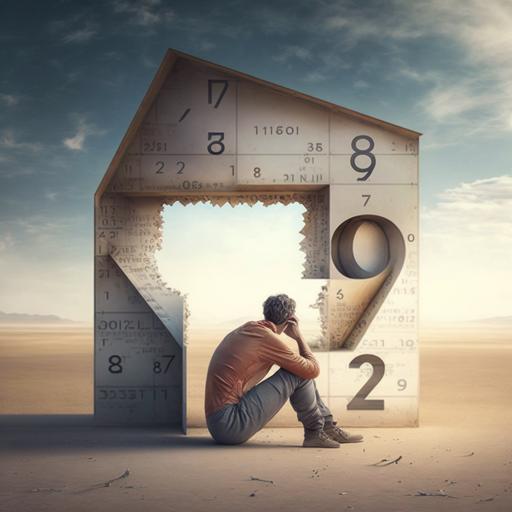person thinking about numbers, construction environment, new house space, hyper realistic, golden ratio photography style.